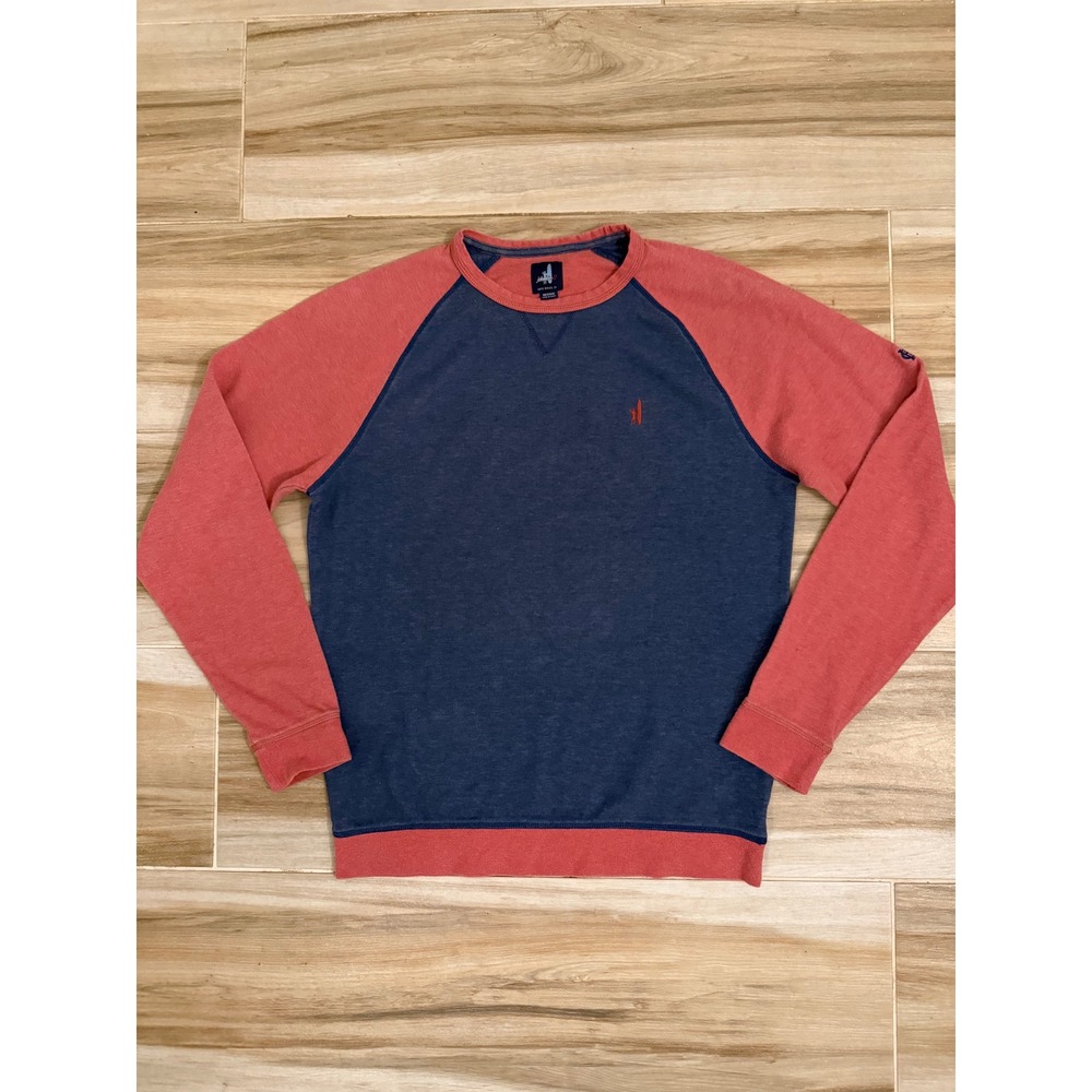 Johnnie-O Mens Medium Raglan Sweatshirt Navy Blue Coral Red Surfer Logo Pullover
